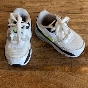 Toddler Nike Sneakers - White, grey, black, yellow swoosh, hardly warn, Size 6C